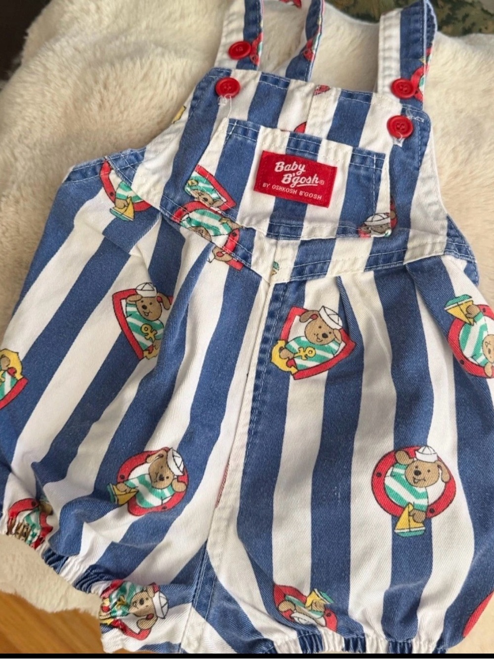 Vintage 80s OshKosh B'gosh Sailor Puppy nautical AOP Striped Bubble Romper. 18m